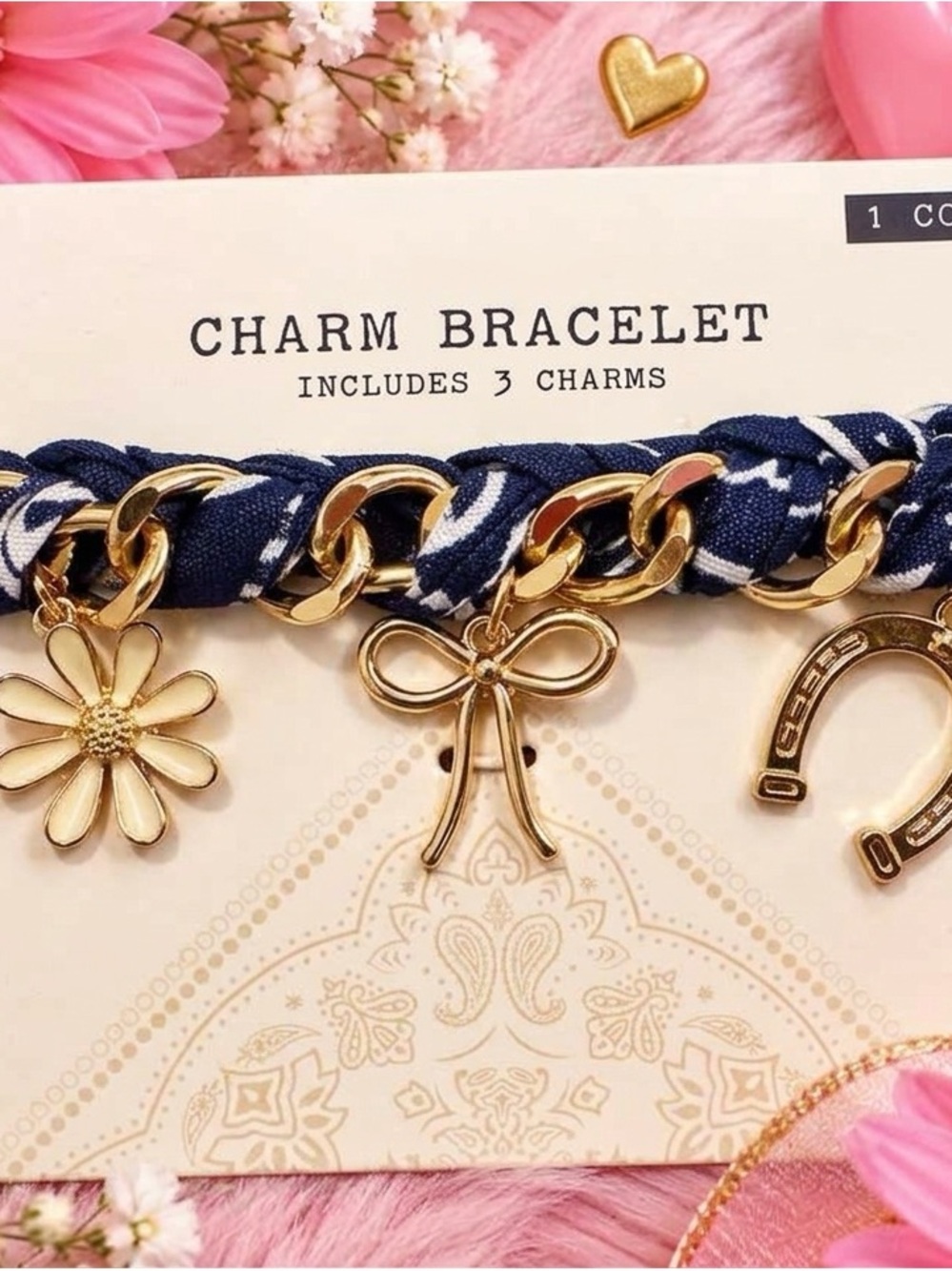 Gold Charm Bracelet with Navy Fabric Weave - 3 Charms
